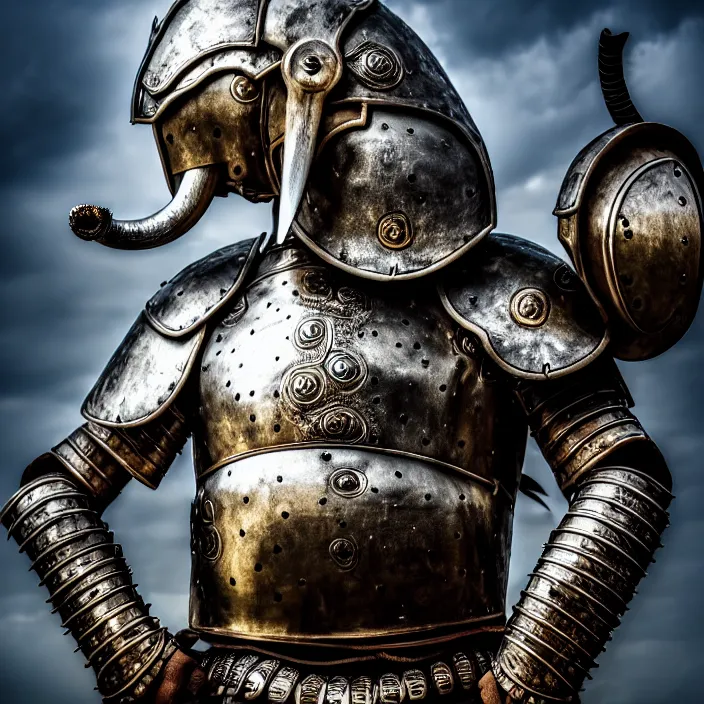 Image similar to photo of a warrior with metal elephant themed armour, highly detailed, 4 k, hdr, smooth, sharp focus, high resolution, award - winning photo