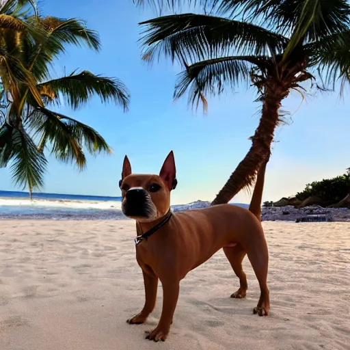 Prompt: an american pitpull terrier on an island beach with palm trees in the background