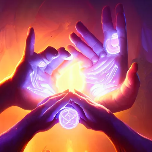 Image similar to glowing hands with fingers floating, an eye in the centered of the hand, eye, violet theme, bright art masterpiece artstation. 8 k, sharp high quality artwork in style of jose daniel cabrera pena and greg rutkowski, concept art by tooth wu, blizzard warcraft artwork, hearthstone card game artwork, human anatomy