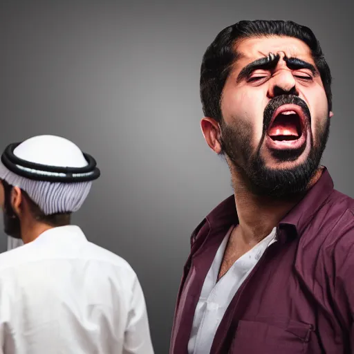 Prompt: frustrated middle eastern man is angry at his friends