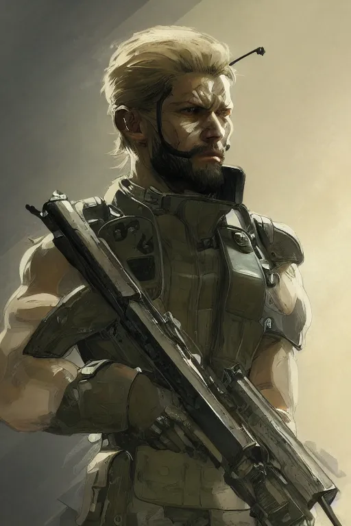 Image similar to A full portrait of a metal gear solid soldier, intricate, elegant, highly detailed, digital painting, artstation, concept art, smooth, sharp focus, illustration, art by Krenz Cushart and Artem Demura and alphonse mucha