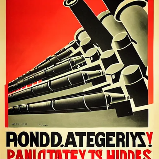 Image similar to propaganda poster featuring an extremely large number of artillery cannons, artillery, guns, production line inside a factory, parallel lines, limited palette, ww 1