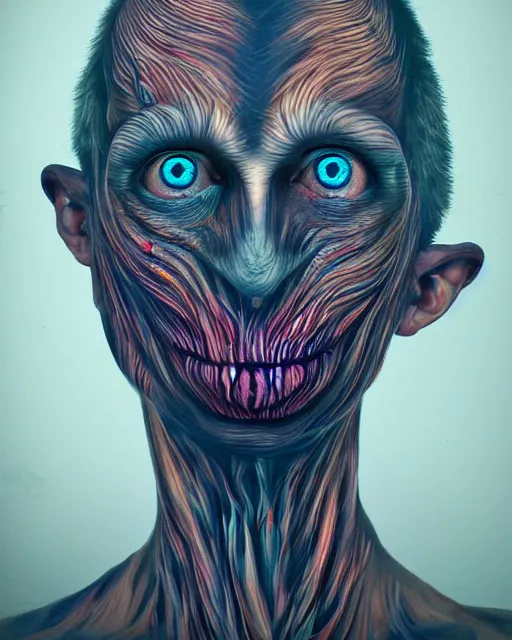 Image similar to realistic portrait of a creature experiment gone wrong, psychedelic, dark art, facing camera, photo realistic, detailed, 1 4 5 0, delicate, hyper realism, ultra realistic, 8 k