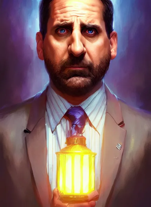 Image similar to highly detailed portrait of prison mike, michael scott, the office, steve carell, realistic, fantasy art by greg rutkowski, stanley artgerm, loish, rhads, tom bagshaw, global illumination, radiant light, detailed and intricate environment