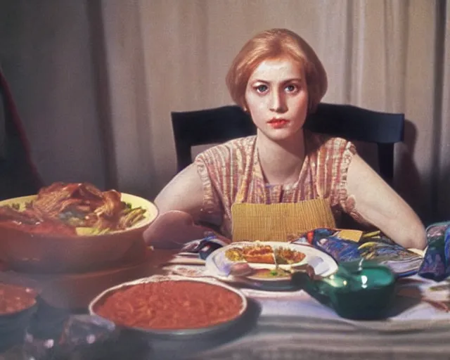 Image similar to 1 9 7 9 a soviet movie still a russian woman sitting at a table with a plate of food in dark warm light, a character portrait by nadya rusheva, perfect symmetric coherent face, perfect symmetric eyes, featured on cg society, neo - fauvism, movie still, 8 k, fauvism, cinestill, bokeh, gelios lens