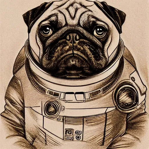 Image similar to pencil art, golden - ratio, spirals, highly detailed, astronaut pug in outer space by davinci.