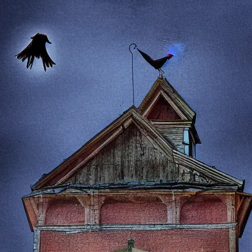 Image similar to A clown on the roof of the church playing with crows, futurist, digital art, dramatic lighting, symbolic