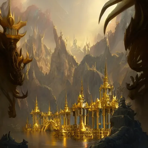 Prompt: grand palace of a great gold dragon by peter mohrbacher, matte painting, 8K, concept art, mystical color scheme, trending on artstation