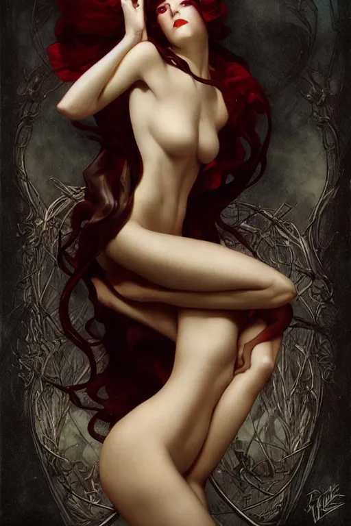 Image similar to Succubus by Tom Bagshaw in the style of Georges de Feure, art nouveau