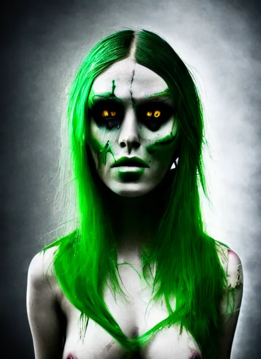 Prompt: dark mythology android cyborg green hair woman, psycho stupid fuck it insane, looks like cyborg but cant seem to confirm, cinematic lighting, psychedelic photoluminescence experience, various refining methods, micro macro autofocus, ultra definition, award winning photo, to hell with you, devianart craze, photograph taken by michael komarck