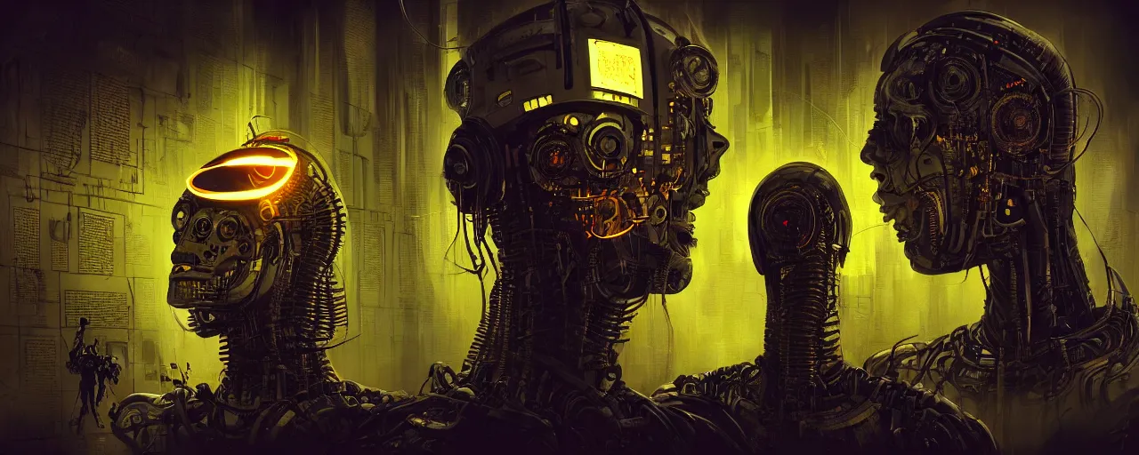 Prompt: dark scifi illustration 3 / 4 portrait of a robot reading necronomicon, apocalyptic city. cinematic lighting mad scientist style. golden ratio accidental renaissance. in the style of dave mckean and jean michel basquiat. graffiti art, scifi, fantasy, hyper detailed. octane render. concept art. trending on artstation