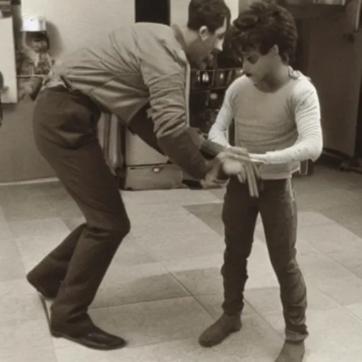 Image similar to photo of young robert downey jr putting in a brown cardboard fake ironman costume, helmet off