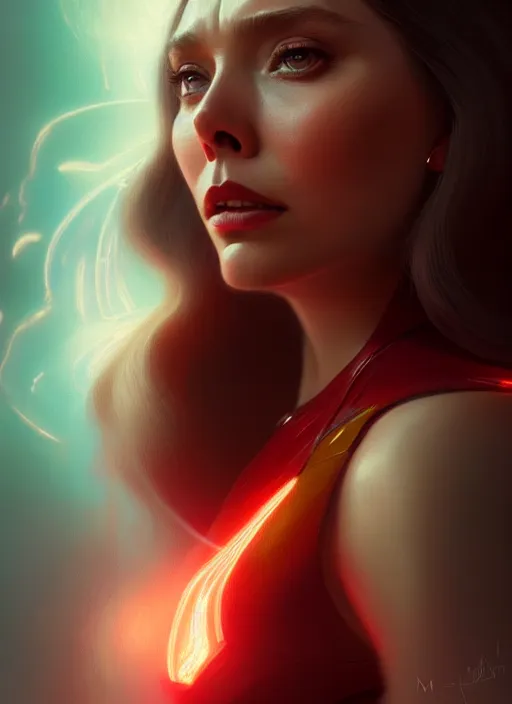 Image similar to portrait of modern darna, elizabeth olsen, intricate, elegant, glowing lights, highly detailed, digital painting, artstation, glamor pose, concept art, smooth, sharp focus, illustration, art by wlop, mars ravelo and greg rutkowski