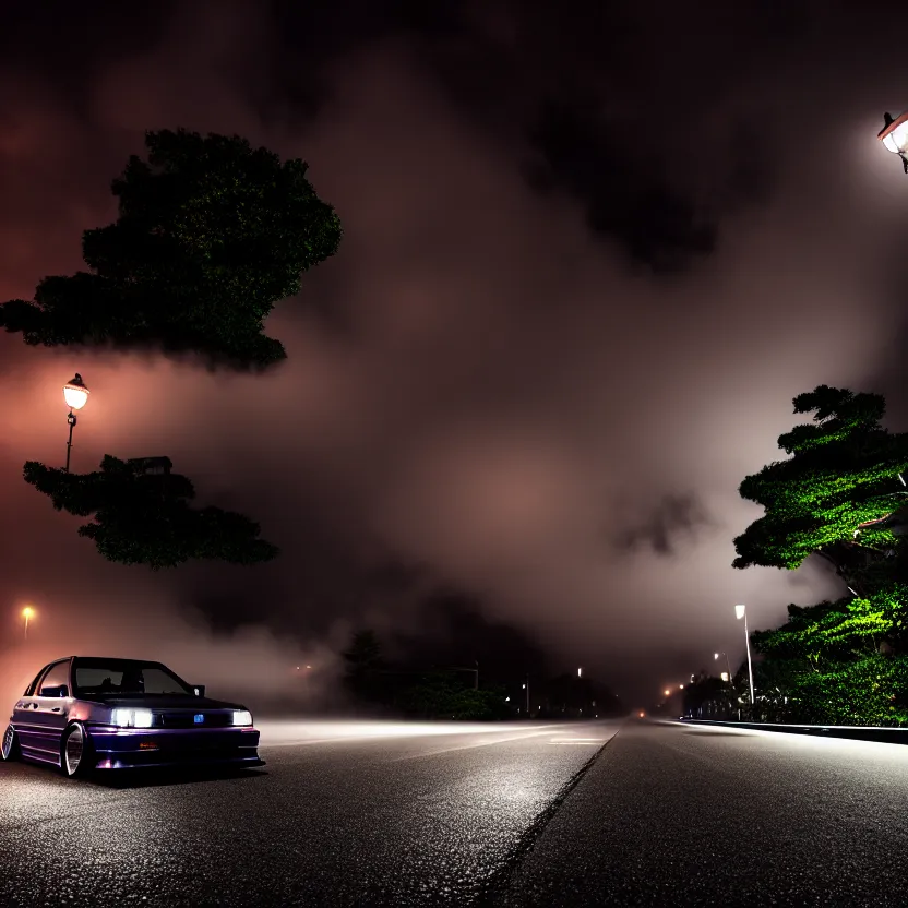 Image similar to one car JZX90 twin turbo drift middle of empty street, misty kanagawa prefecture, night, cinematic color, photorealistic, highly detailed,