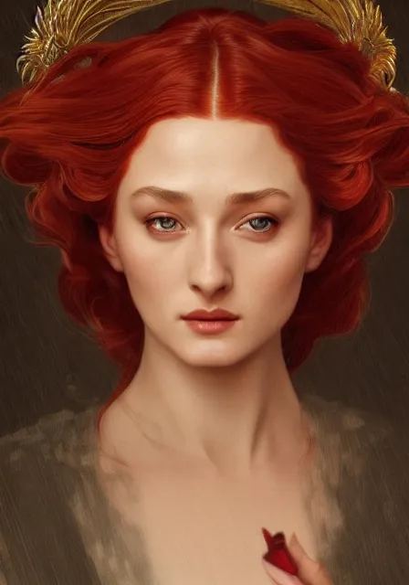 Image similar to portrait of red sansa stark, intricate, elegant, highly detailed, digital painting, artstation, concept art, smooth, sharp focus, illustration, art by artgerm and greg rutkowski and alphonse mucha and william - adolphe bouguereau