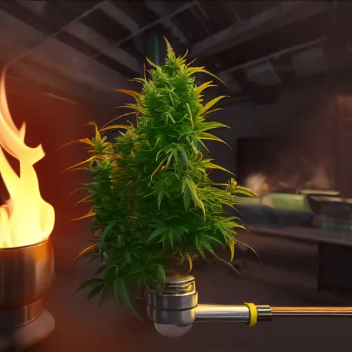 Image similar to cannabis bong water pipe, fire, smoke, octane render, 8 k, ultra hd, unreal engine 5, ray tracing