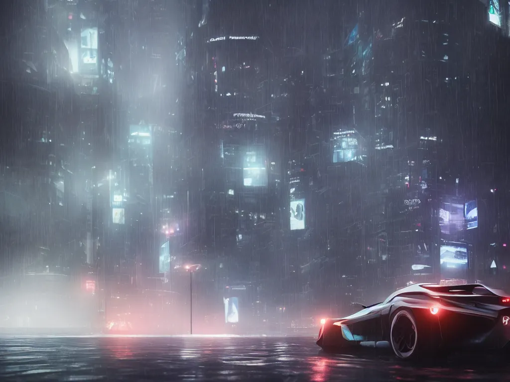 Prompt: Futuristic supercar on wet city streets, mist, volumetric lighting, octane, cyberpunk