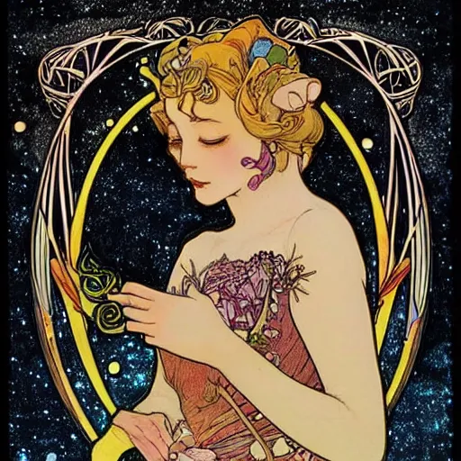 Prompt: princess fairy creating galaxies, art nouveau by Mucha, beautiful detailed illustration