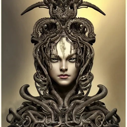 Image similar to medusa, highly detailed, symmetrical long head, smooth marble surfaces, detailed ink illustration, raiden metal gear, cinematic smooth stone, deep aesthetic, concept art, post process, 4k, carved marble texture and silk cloth, latex skin, highly ornate intricate details, in the style of frank miller