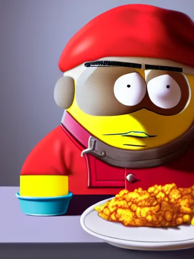 Image similar to highly detailed portrait of scarface as cartman from south park, holding a bucket of kfc, a line of gravy on the desk in front of him, global illumination, flat light, detailed and intricate environment