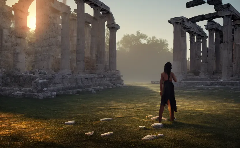 Image similar to a 3 d render of a person standing in the ruins of an ancient city in the morning mist, greek and roman ruins, bokeh, canon 5 0 mm, cinematic lighting, volumetric light, octane, octane render, redshift render, golden hour, pompeii