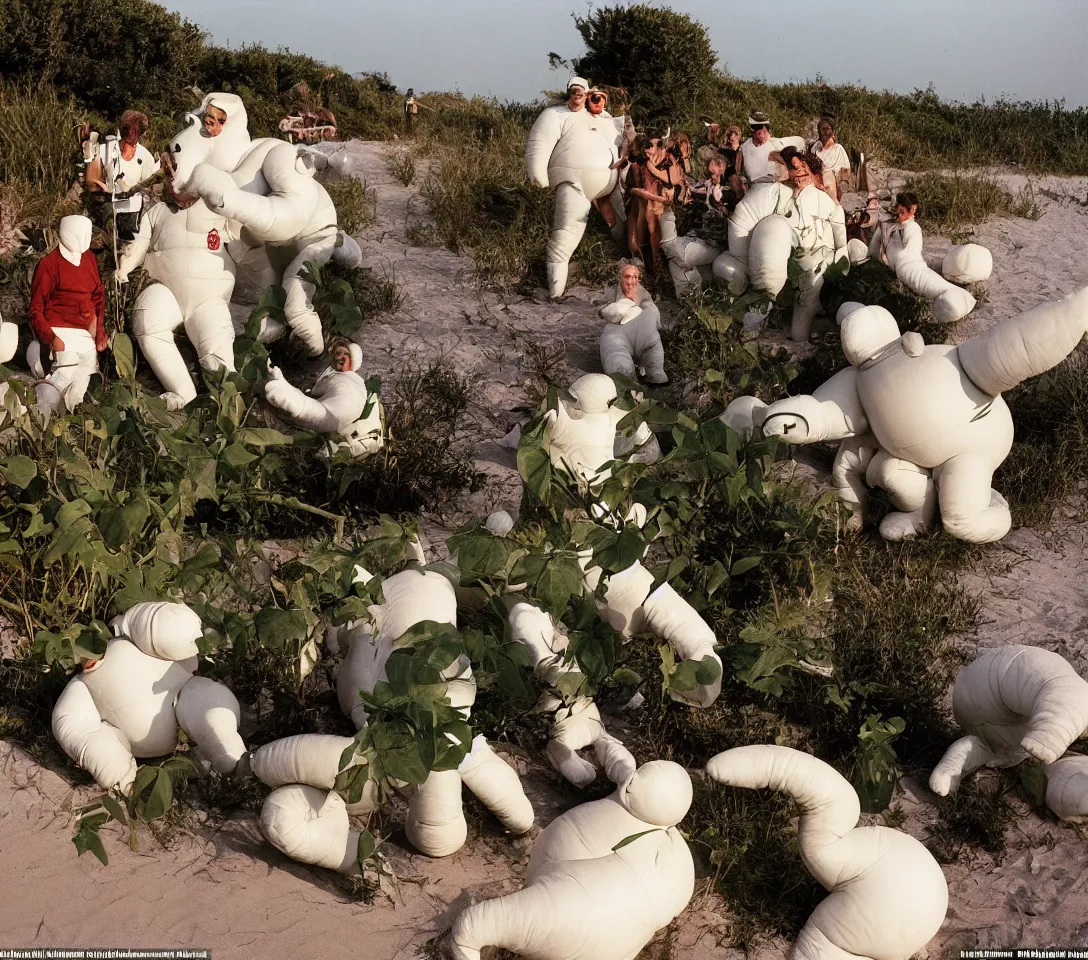 Image similar to a 3 5 mm photography, kodachrome colour of grandpas fighting with white michelin man costume, hippos and alien plants around, beach and sunset backlight, photos taken by martin parr with strong flash on camera