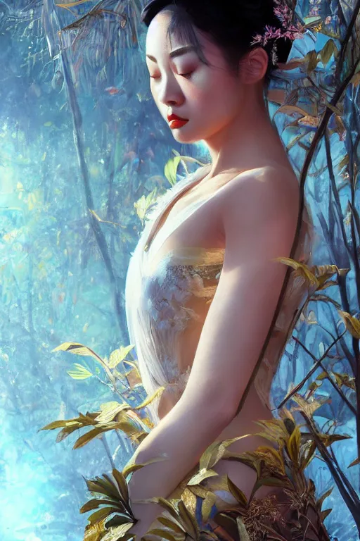 Image similar to stunningly beautiful, frost geisha prima ballerina in jungle, symmetrical face, golden hour, smooth, focus, highly detailed, hyper realistic, dramatic lighting, elegant, intricate, concept art, art by wlop, mars ravelo, greg rutowski, artstation