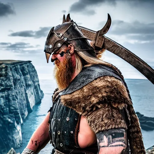 Image similar to a viking wearing a heavy metal and also make the face look good the viking is standing on a cliff the background is a huge sea interact with the lighting photo - realistic 4 k