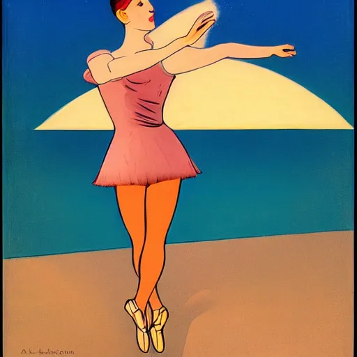 Image similar to a ballerina facing a blue portal on the street, which shows a beach at sunset, alberto vargas