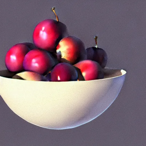 Image similar to concept art drawing of a single thick porcelain bowl filled with a few moist freshly picked plums on a wooden table. volumetric lighting. small scale. artistic. trending on artstation.