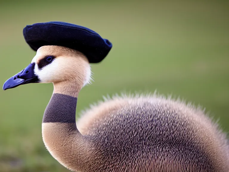 Image similar to Canadian Goose with a funny hat, Portrait Photo, Photorealistic, 100mm lens, Nat Geo Award Winner, 8k, UHD, (((((bokeh)))))