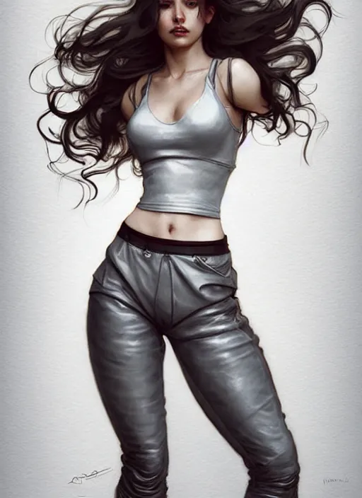 Image similar to girl in very short white! top and very short gray! leather jacket, open belly, long dark curly hair, high waist sweatpants, intricate, elegant, highly detailed, digital painting, artstation, concept art, smooth, illustration, art by artgerm and greg rutkowski and alphonse mucha