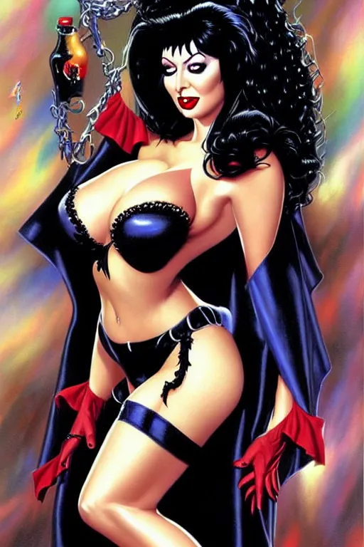 Prompt: a ( beautiful masterpiece highly detailed ) illustration of intimate alluring elvira! mistress of the dark by ralph horsely and artgerm and joe jusko