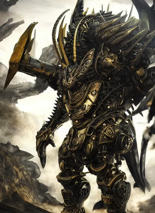 Image similar to hyper realistic glorious ancient wargreymon in a obsidian metal armor, futuristic design, designed by makoto kobayashi and luca zampriolo, portrait, cyberpunk style, wood and gold details, intricate, extremely detailed, ornate, deep of field, hard surface, exoskeleton, substance designer metal unreal engine, symmetrically, very detailed.