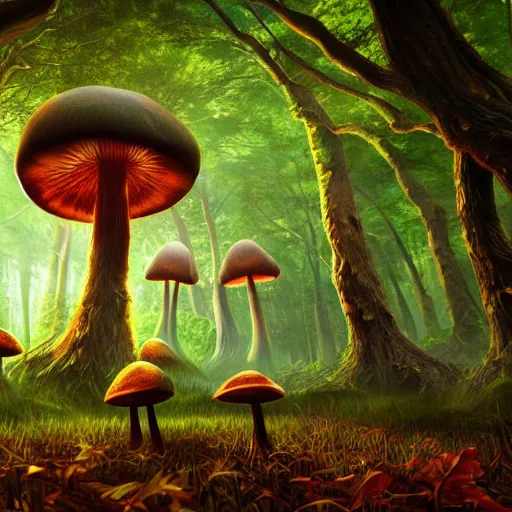 Image similar to giant mushroom forest, hyperrealistic, digital art, unreal engine, hyperdetailed, psychedelic, 4 k, 8 k, artstation, nature