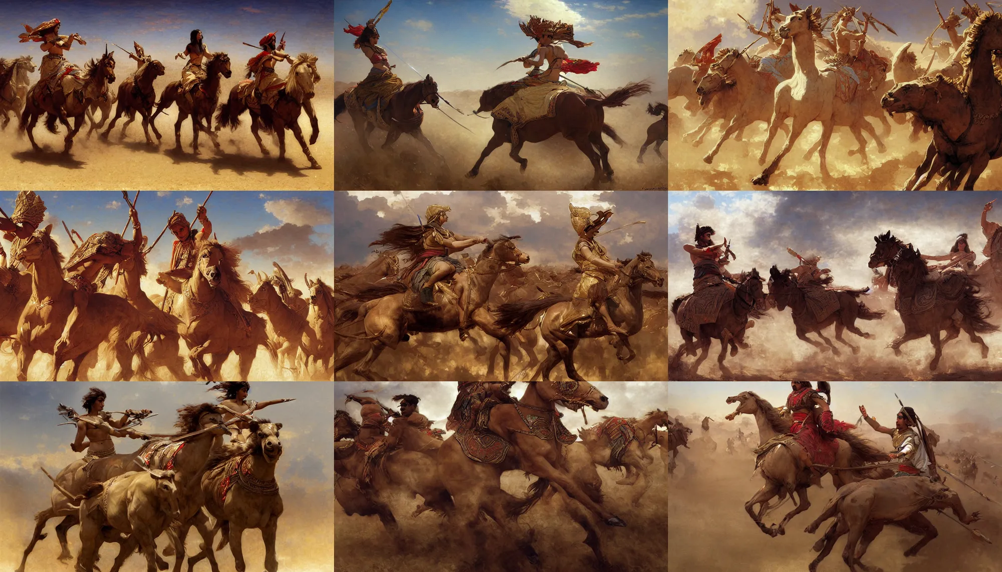 Prompt: assyrian chariots charge, african steppe, intricate, elegant, highly detailed, digital painting, artstation, concept art, smooth, sharp focus, illustration, orientalism, bouguereau, rutkowski, mucha