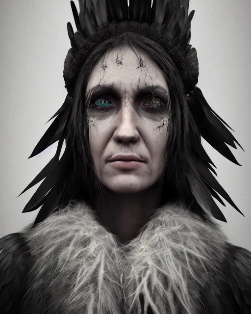 Image similar to headshot portrait of a raven shaman, dark mood, detailed, textured, realistic, unreal engine, cgsociety, cinematic lighting, concept art