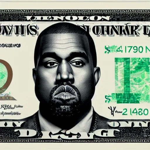 Prompt: kanye west on the american one dollar bill