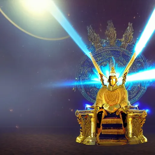 Image similar to the emperor of the sun wearing a golden armor standing on the throne, cinematic, lens flare, dust particle effects