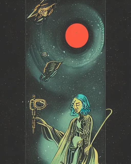 Image similar to retro dark vintage sci - fi. 2 d matte dark gouache illustration in a mystical style. tarot card back pattern. cosmic.