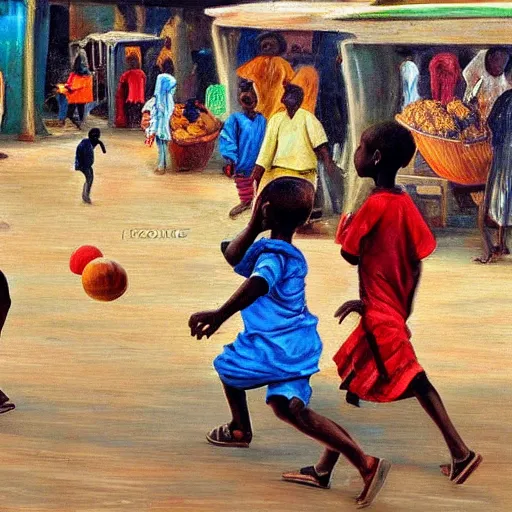 Prompt: young kids in lagos nigeria running playing with a ball together in the food market realism style painting