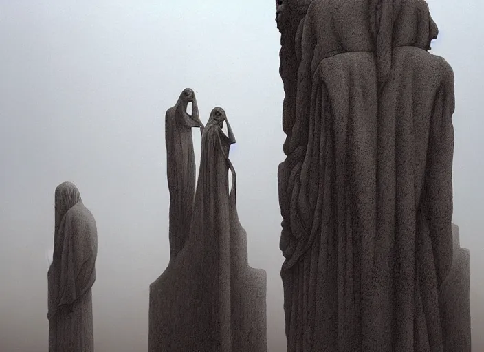 Prompt: matte painting of omniscient tall statues of gods towering above a lone individual, by zdzislaw beksinski, by dariusz zawadzki, by wayne barlowe, gothic, surrealism, cosmic horror, lovecraftian, cold hue's, warm tone gradient background, concept art, beautiful composition