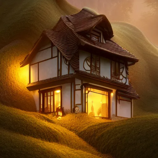 Prompt: small hillside house made of honey and milk, modern lighting, hyper - realistic, hyper - detailed, 8 k, octane rendered, art nouveau, organic, flowing, impossible torsion, writhing, dusk, lush, dynamic, in the style of ross tran