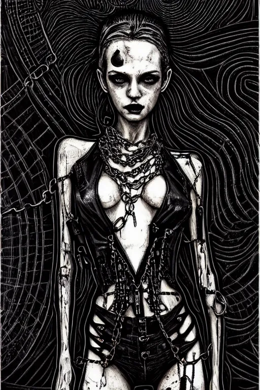 Image similar to dreamy gothic girl, black leather slim clothes, chains, chainsaw, beautiful slim body, detailed acrylic, grunge, intricate complexity, by dan mumford and by alberto giacometti, peter lindbergh