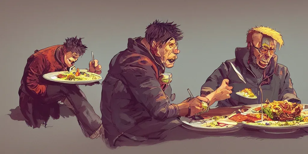 Image similar to cartoonish neil young eating dinner, vivid colors, character sheet, fine details, concept design, contrast, kim jung gi, greg rutkowski, trending on artstation, 8 k, full body, turnaround, front view, back view, ultra wide angle