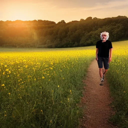 Image similar to rick sanchez, face to camera walking in a field. france, dordogne, hills, ultra high, face to camera, detail, 8 k, sunset, flowers, trees, river, hills, octane render.