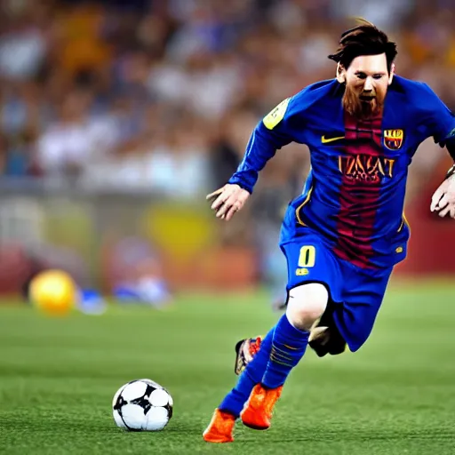 Image similar to lionel messi running extremely fast wrapped in blue lightning, 8 k