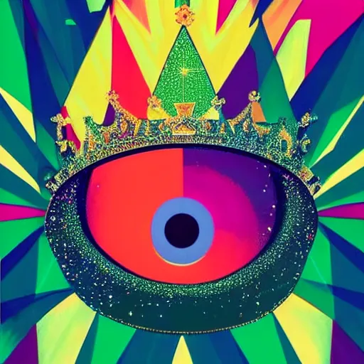 Prompt: a glowing colorful minimal elegant crown sitting on a table with one large beautiful eye on top of it like a jewel, one black pupil in the eye, shining stars on top of the crown, night time, vast cosmos, geometric light rays exploding outwards into stars, bold black lines, flat colors, minimal psychedelic 1 9 5 0 s poster illustration