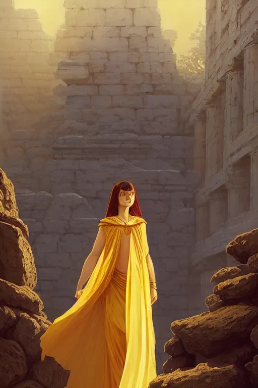 Image similar to possessed woman wearing an ancient greek tunic made of yellow paper, stephen bliss, unreal engine, fantasy art by greg rutkowski, rhads, ferdinand knab, makoto shinkai and lois van baarle, ilya kuvshinov, rossdraws, tom bagshaw, global illumination, radiant light, ancient greek temple ruins, red blue color theme