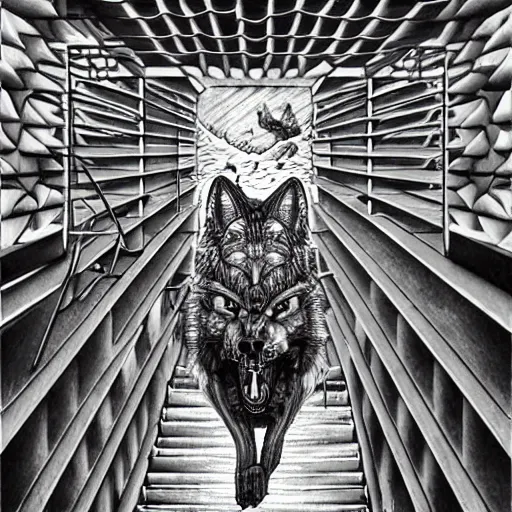 Image similar to a huge howling angry wolf in a huge bright maze of many doorways and lots of stairs, many doorways, inside MC Escher architecture, artstation, Junji Ito, epic composition, detailed background